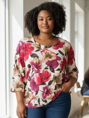 Alfred Dunner Floral Scoop-Neck Top in Cream, Pink & Brown With 3/4 Sleeves